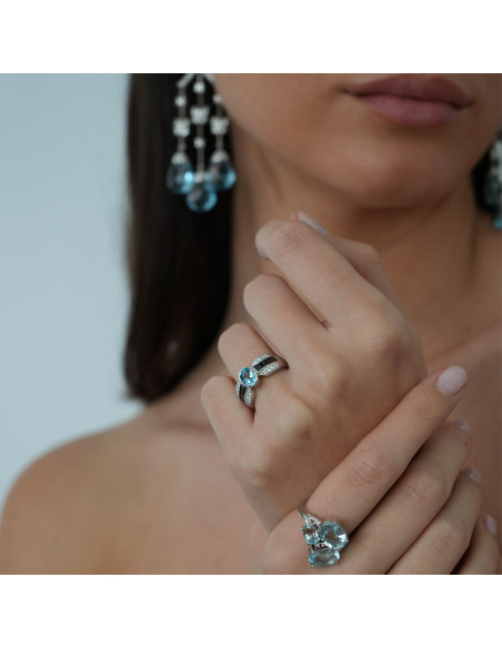 Anillo Oro Blanco, Aguamarina, Diamantes Y Ónix