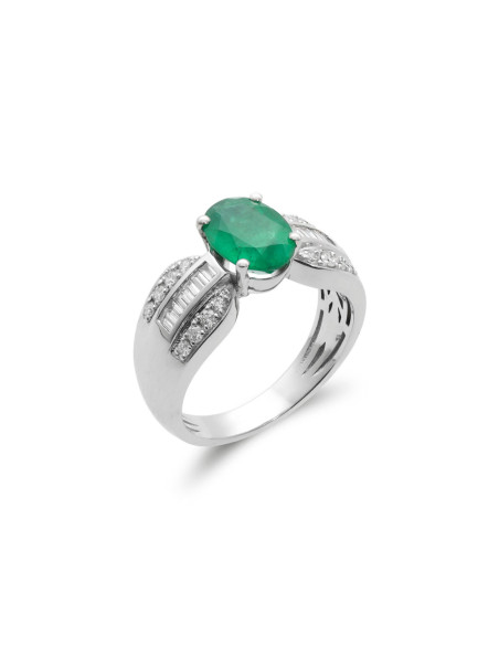 Anillo Oro Blanco, Esmeralda Y Diamantes