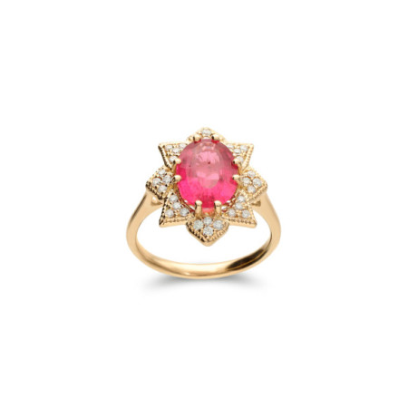 Anillo Oro Amarillo, Turmalina Y Diamantes. Género: Mujer. Material: Oro amarillo. Piedras: Diamantes,Turmalinas