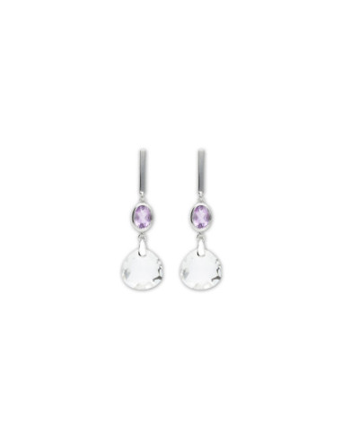 Pendientes Oro Blanco, Amatista Y Cristal De Roca