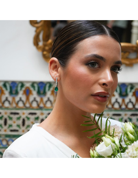 Pendientes Oro Blanco, Esmeralda Y Diamantes
