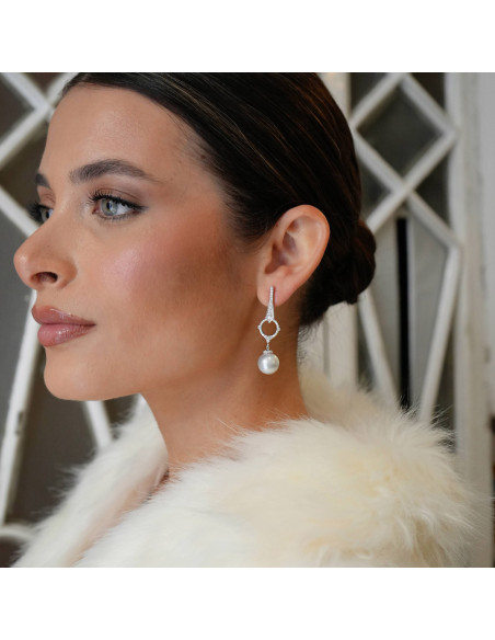Pendientes Oro Blanco, Diamantes Y Perla Australiana