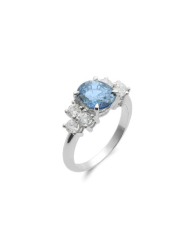 Anillo Oro Blanco, Zafiro Y Diamantes