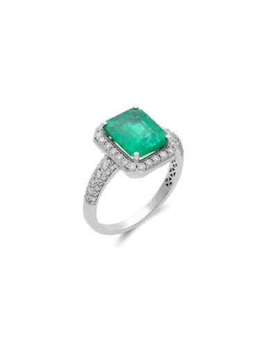 Anillo Oro Blanco, Esmeralda Y Diamantes