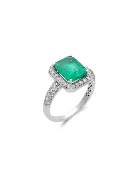 Anillo Oro Blanco, Esmeralda Y Diamantes