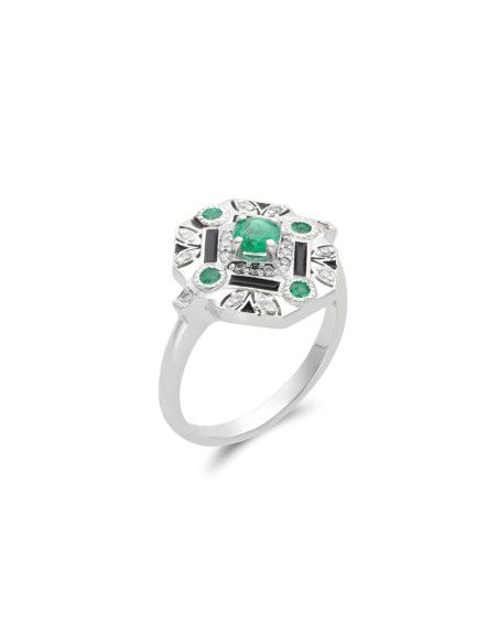 Anillo Oro Blanco, Esmeraldas, Diamantes Y Esmalte