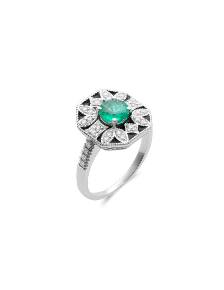 Anillo Oro Blanco, Esmeralda, Diamantes Y Esmalte