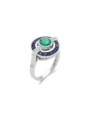 Anillo Oro Blanco, Esmeralda, Diamantes Y Zafiros
