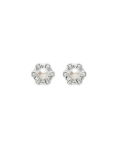 Pendientes Oro Blanco, Diamantes Y Perla
