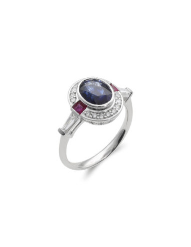 Anillo Oro Blanco, Zafiro, Rubíes Y Diamantes