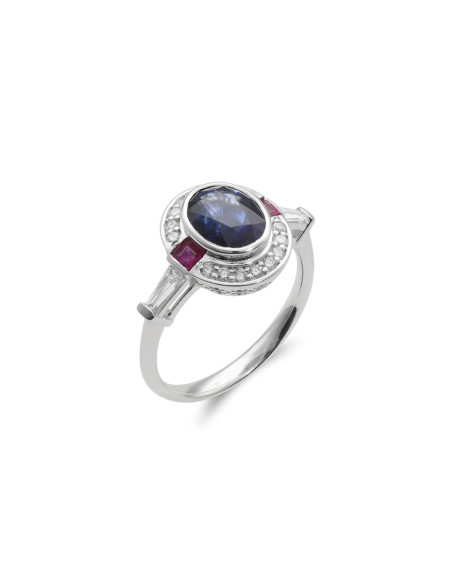 Anillo Oro Blanco, Zafiro, Rubíes Y Diamantes