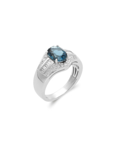 Anillo Oro Blanco, Topacio Y Diamantes