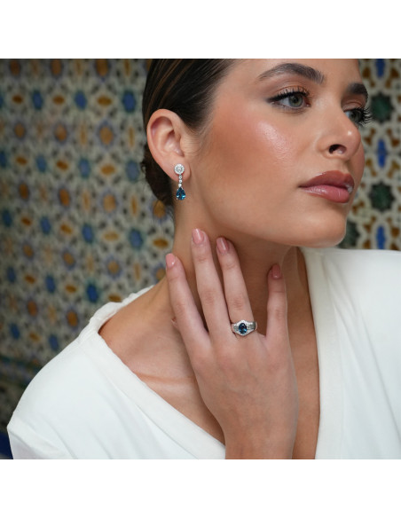 Anillo Oro Blanco, Topacio Y Diamantes