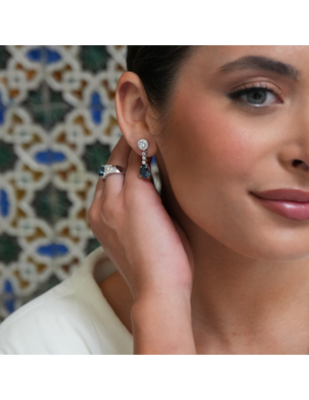 Pendientes Oro Blanco, Topacio Y Diamantes