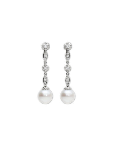 Pendientes Oro Blanco, Diamantes Y Perla