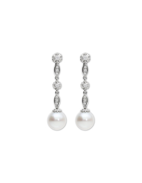 Pendientes Oro Blanco, Diamantes Y Perla