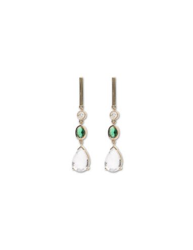 Pendientes Oro Amarillo, Circonita, Cuarzo Y Piedra Verde