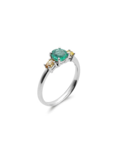 Anillo Oro Blanco, Esmeralda Y Diamantes