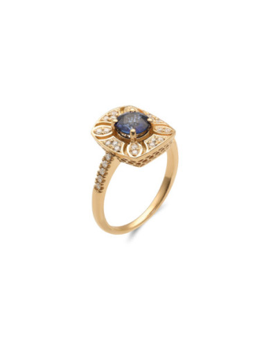 Anillo Oro Amarillo, Zafiro Y Diamantes