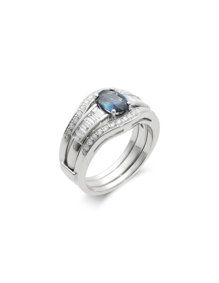 Anillo Oro Blanco, Zafiro y Diamantes