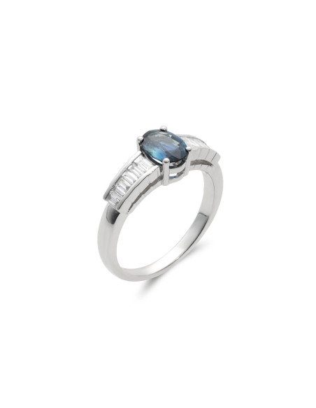 Anillo Oro Blanco, Zafiro y Diamantes