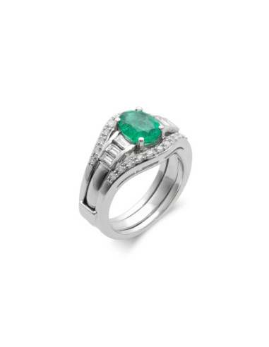 Anillo Oro Blanco, Esmeralda Y Diamantes
