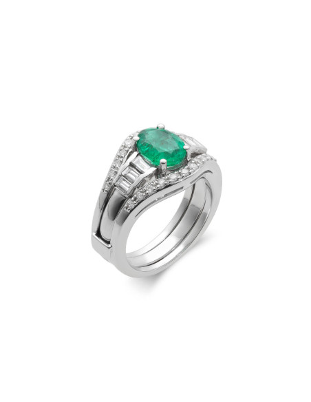 Anillo Oro Blanco, Esmeralda Y Diamantes