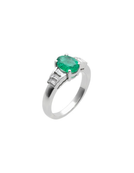 Anillo Oro Blanco, Esmeralda Y Diamantes
