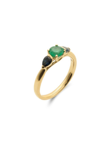 Anillo Oro Amarillo, Esmeralda Y Zafiros