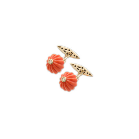 Gemelos Oro Amarillo, Diamante Y Coral. Género: Hombre. Material: Oro amarillo. Piedras: Coral,Diamantes