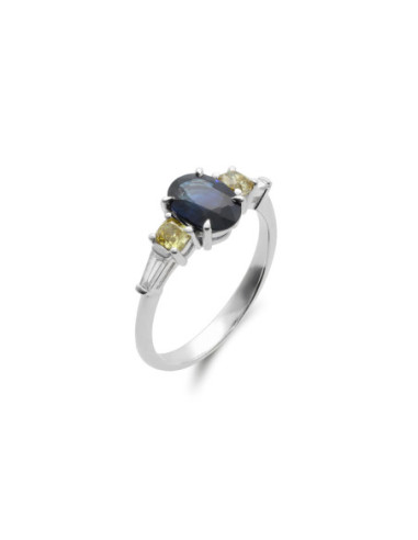 Anillo Oro Blanco, Zafiro Y Diamantes