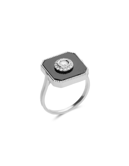 Anillo Oro Blanco, Diamantes Y Ónix