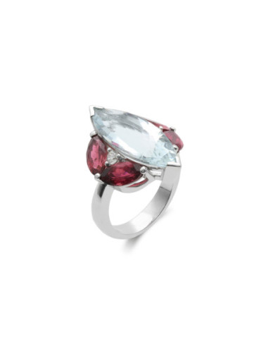 Anillo Oro Blanco, Aguamarina Y Turmalinas