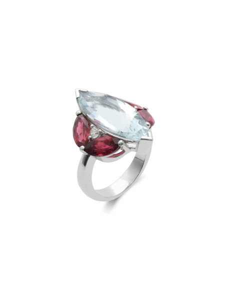 Anillo Oro Blanco, Aguamarina Y Turmalinas