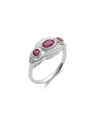 Anillo Oro Blanco, Rubíes Y Diamantes