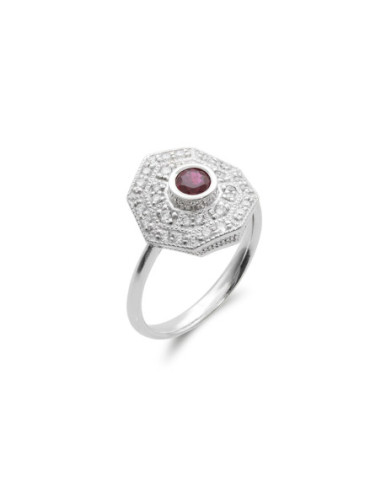 Anillo Oro Blanco, Rubí Y Diamantes