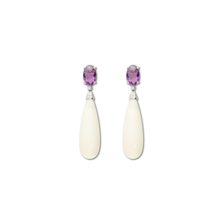 Pendientes Oro Blanco, Amatista, Diamantes Y Coral. Género: Mujer. Material: Oro blanco. Piedras: Amatistas,Coral