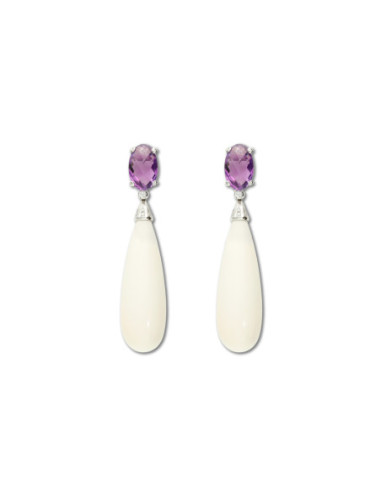 Pendientes Oro Blanco, Amatista, Diamantes Y Coral