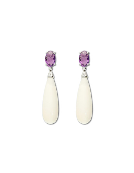 Pendientes Oro Blanco, Amatista, Diamantes Y Coral