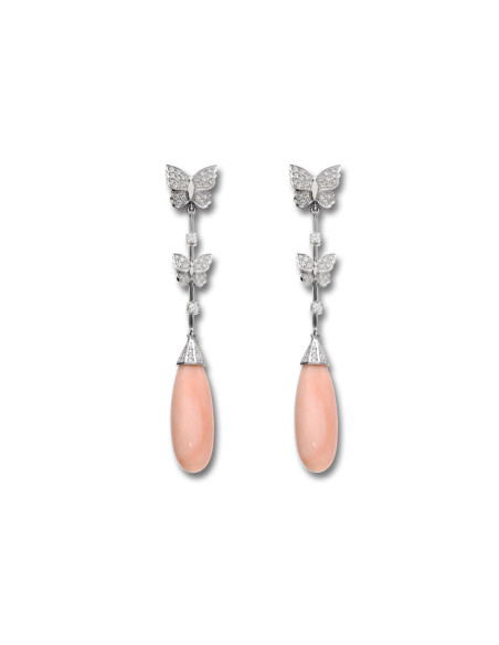 Pendientes Oro Blanco, Diamantes Y Coral