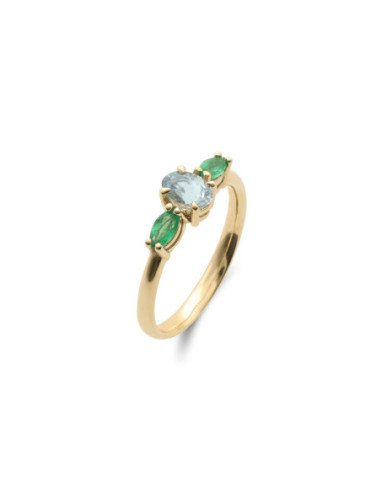 Anillo Oro Amarillo, Aguamarina Y Esmeraldas
