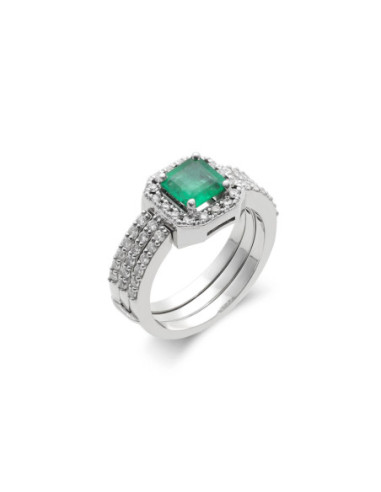 Anillo Oro Blanco, Esmeralda Y Diamantes