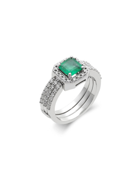 Anillo Oro Blanco, Esmeralda Y Diamantes