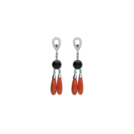 Pendientes Oro Blanco, Esmeraldas, Diamantes, Coral Y Ónix. Género: Mujer. Material: Oro blanco. Piedras: Diamantes,Esmeraldas,Coral,Onix