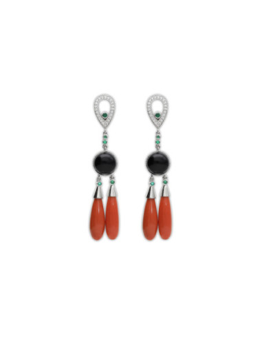 Pendientes Oro Blanco, Esmeraldas, Diamantes, Coral Y Ónix