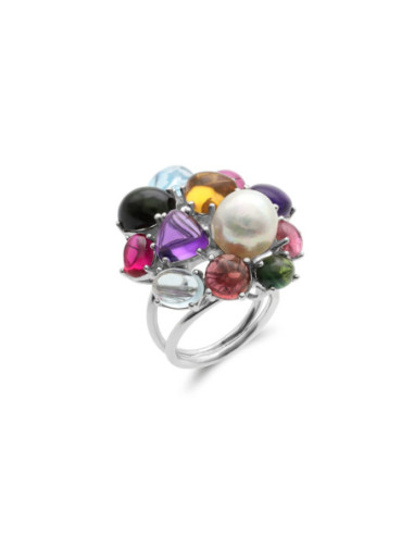 Anillo Oro Blanco, Perla Y Piedras de Color