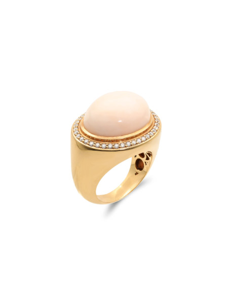 Anillo Oro Amarillo, Coral Y Diamantes