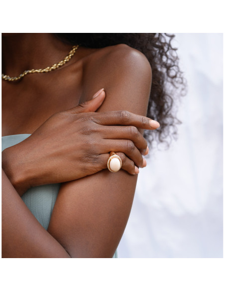 Anillo Oro Amarillo, Coral Y Diamantes