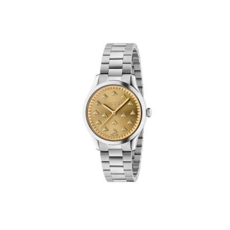 Reloj Gucci Timeless YA1265035. Género: Mujer. Material: Acero. Tamaño: De 32mm a 38mm. Correa: Acero. Color esfera: Dorada. Estilo: Casual. Movimiento: Cuarzo. Características técnicas: Hora y segundero
