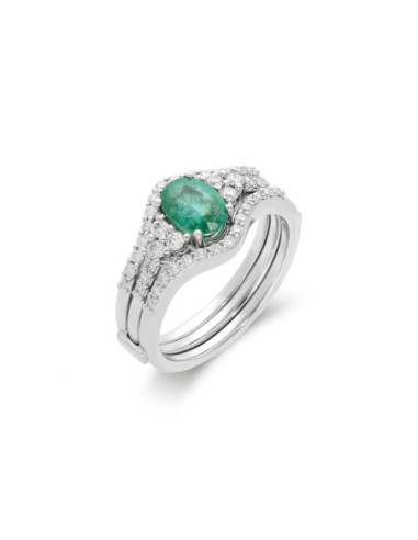 Anillo Oro Blanco, Esmeralda Y Diamantes